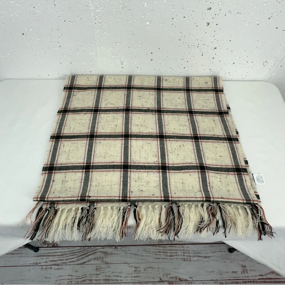 Madewell Speckled Cream Black & Red Plaid Scarf Wrap 21.5 x 74”